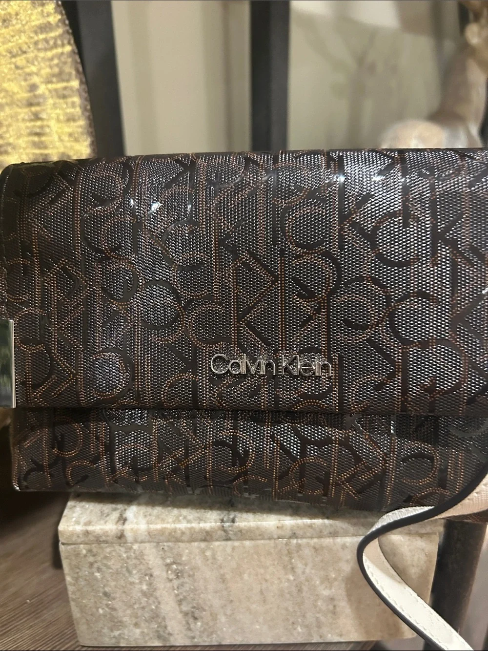 Calvin Klein Brown Logo Crossbody with White Strap